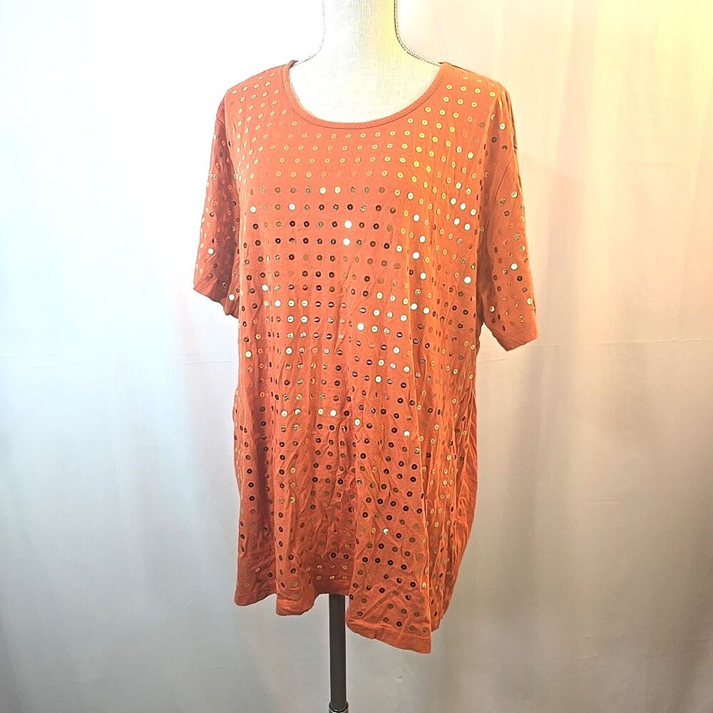 DG2 Diane Gilman Women's Plus Size 3X Round Neck Sequins Shirt Orange Relaxed